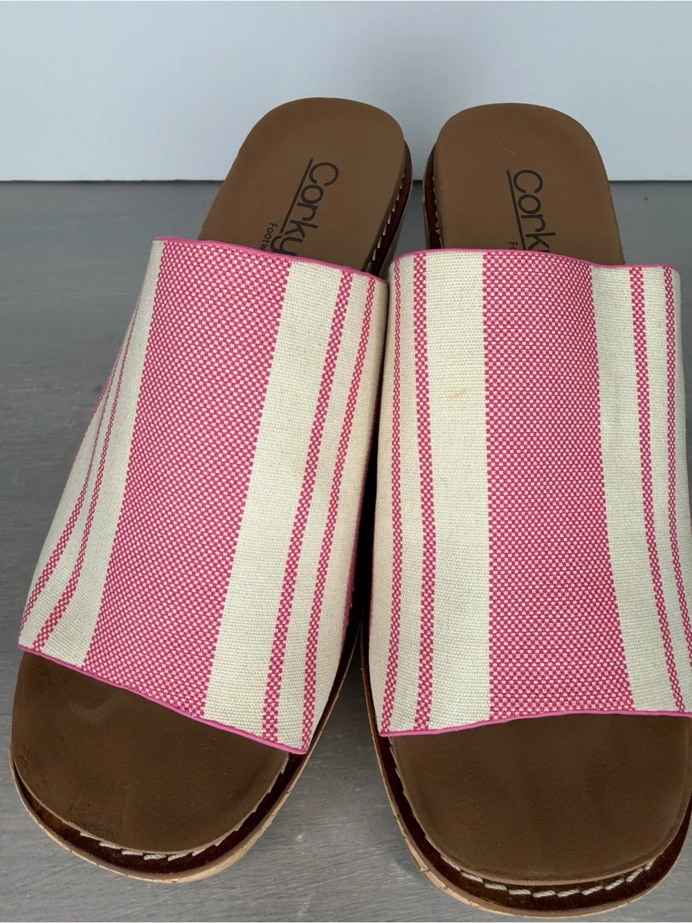 Corkys Pink and Cream Striped Cork Wedge Slides